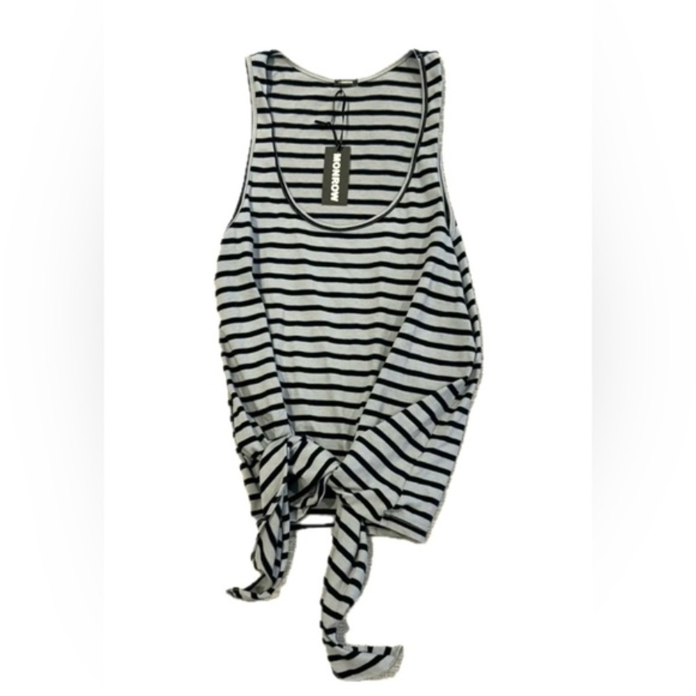 NWT Monrow Tie Hem Tank Top in Dusty Blue Stripe Size Medium